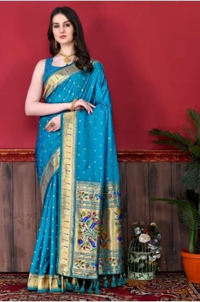 sari en soie bleu ciel en tissage SR23953