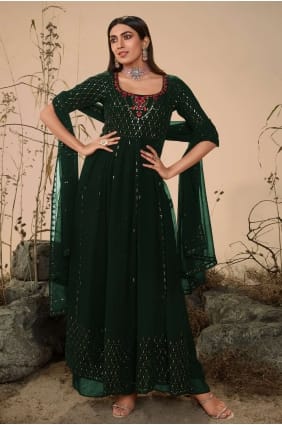 costume anarkali vert en georgette brodée AS3488