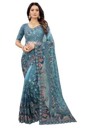 Saris brodé en filet bleu SR23960