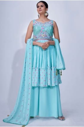 costume sharara en mousseline miroir aqua SS0986