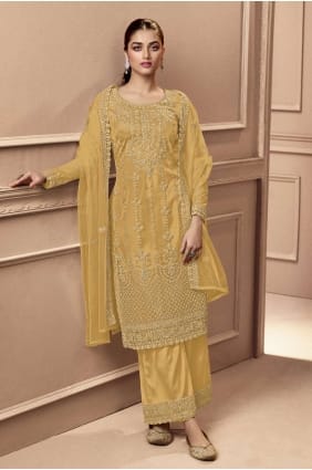 eid salwar kameez brodé jaune en filet SK152878