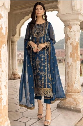 georgette eid salwar kameez avec brodé en bleu SK152884