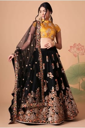 filet doux brodé lehenga choli en noir avec dupatta LC6540