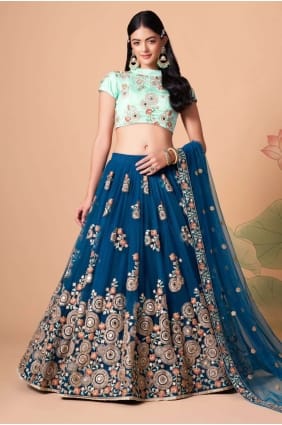 doux net lehenga choli en bleu colombe avec brodé LC6542