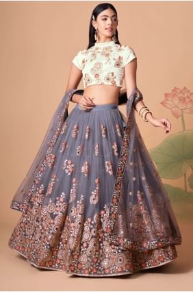 Mariage Lehenga Choli en filet souple gris avec brodé LC6544