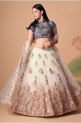 choli lehenga brodé en filet doux blanc cassé LC6545