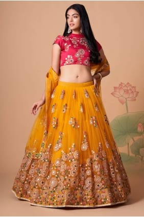 Lehenga Choli brodé en filet souple jaune LC6547