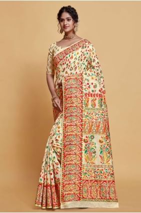 Saris beige avec soie de tissage SR24021