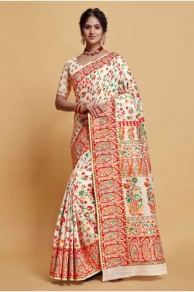 Saris en soie blanche avec tissage SR24023