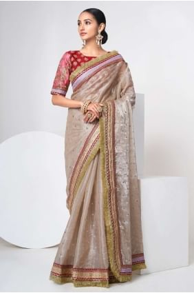Saris mauve en organza avec Zari,fil SR24029