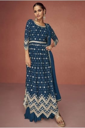 costume brodé georgette eid anarkali en bleu marine avec dupatta AS3517