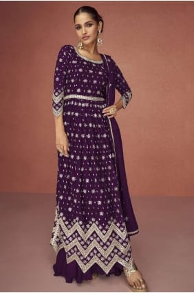 costume eid anarkali violet en georgette avec broderies AS3518