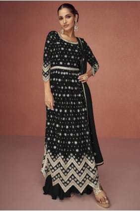 costume noir brodé georgette eid anarkali AS3521