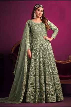 costume eid anarkali vert en filet avec broderie AS3523
