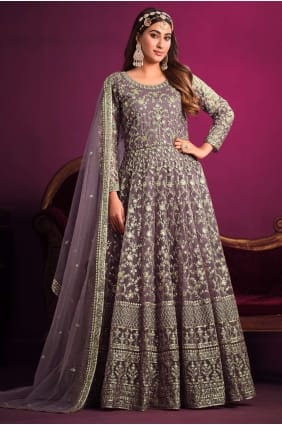 costume net eid anarkali avec brodé en lavande AS3524