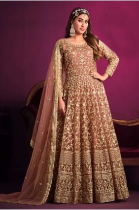 costume eid anarkali brodé en filet marron clair AS3525