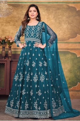 Costume anarkali en filet brodé en sarcelle avec dupatta AS3526