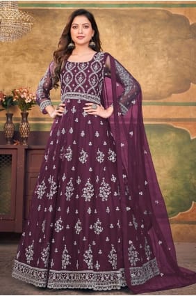 Costume anarkali violet avec filet brodé AS3527