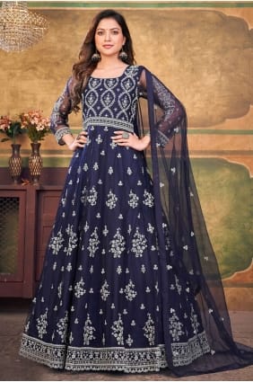 costume net anarkali brodé en bleu AS3528