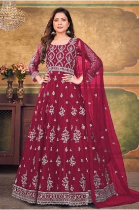 costume anarkali en filet rouge avec broderie AS3529