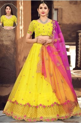 Lehenga Choli jaune en organza brodé LC6600