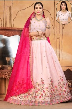 choli lehenga rose brodé en organza avec dupatta LC6602