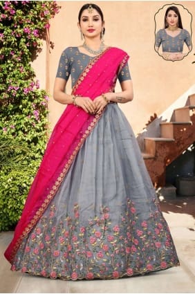 organza lehenga choli avec brodé en gris LC6603