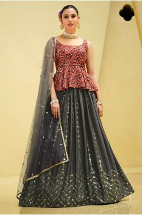 chinon brodé chiffon mariage lehenga choli en gris LC6613