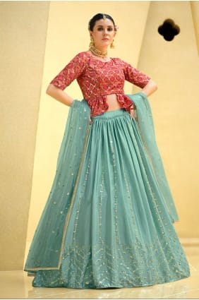 chinon en mousseline de soie mariage lehenga choli avec brodé en ciel LC6614