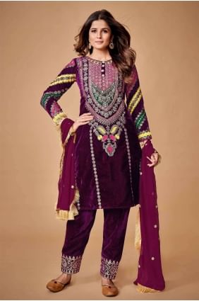 Velvet Thread Wine Costume pakistanais avec dupatta SK153062