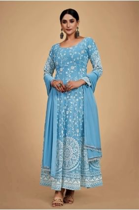 Costume pakistanais en georgette bleu ciel avec fil AS3552
