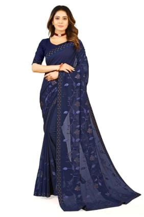 georgette brodé bleu parti porter saree avec chemisier SR24098