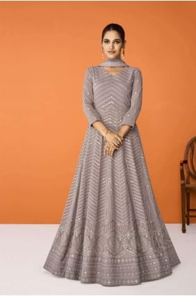 costume anarkali beige en georgette brodée AS3566