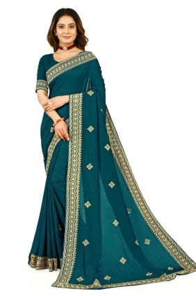 georgette zari, sari bleu brodé avec chemisier SR24119