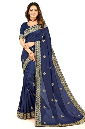 sari bleu marine en zari, georgette brodée SR24120