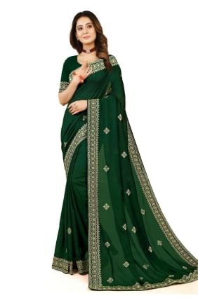 sari vert georgette en zari, brodé SR24121