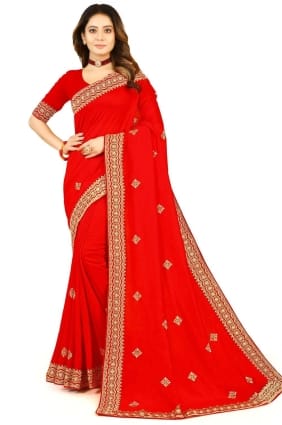 Georgette rouge sari en zari, brodé SR24122