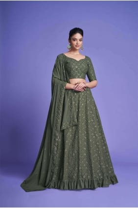 Georgette Lehenga Choli en vert Mehndi avec broderie LC6637