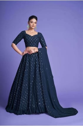 georgette brodé bleu sarcelle lehenga choli avec dupatta LC6640
