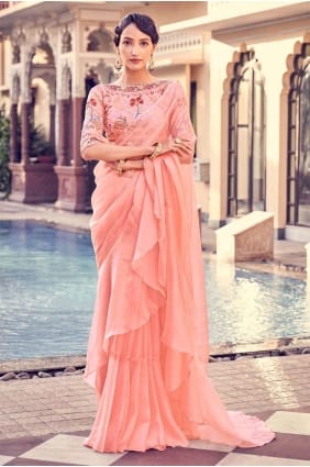 Peach Party Wear Saris en organza avec zari, fil SR24129