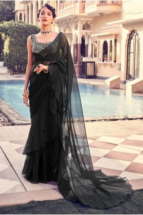 Saris de soirée noir en paillettes, filet georgette SR24130