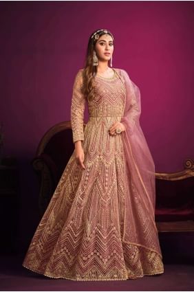 costume anarkali imprimé filet rose clair avec dupatta AS3572