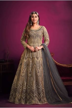 costume anarkali en filet gris avec imprimé AS3574