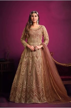 costume anarkali imprimé marron clair en filet AS3575