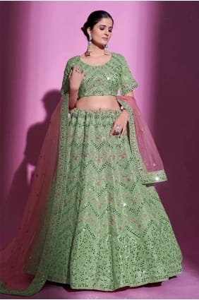mariage en soie lehenga choli avec miroir en vert pista LC6683