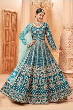 Costume anarkali en soie d'art bleu sarcelle avec imprimé AS3576