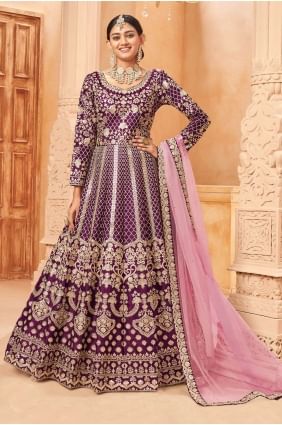 costume anarkali en soie d'art en violet avec imprimé AS3577