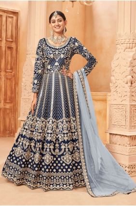 costume anarkali en soie d'art bleu avec imprimé AS3578