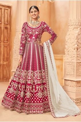 costume anarkali magenta avec soie d'art imprimée AS3579