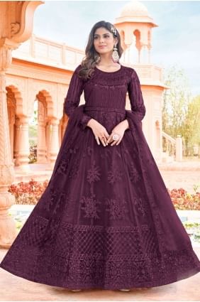 costume anarkali imprimé en filet violet AS3585